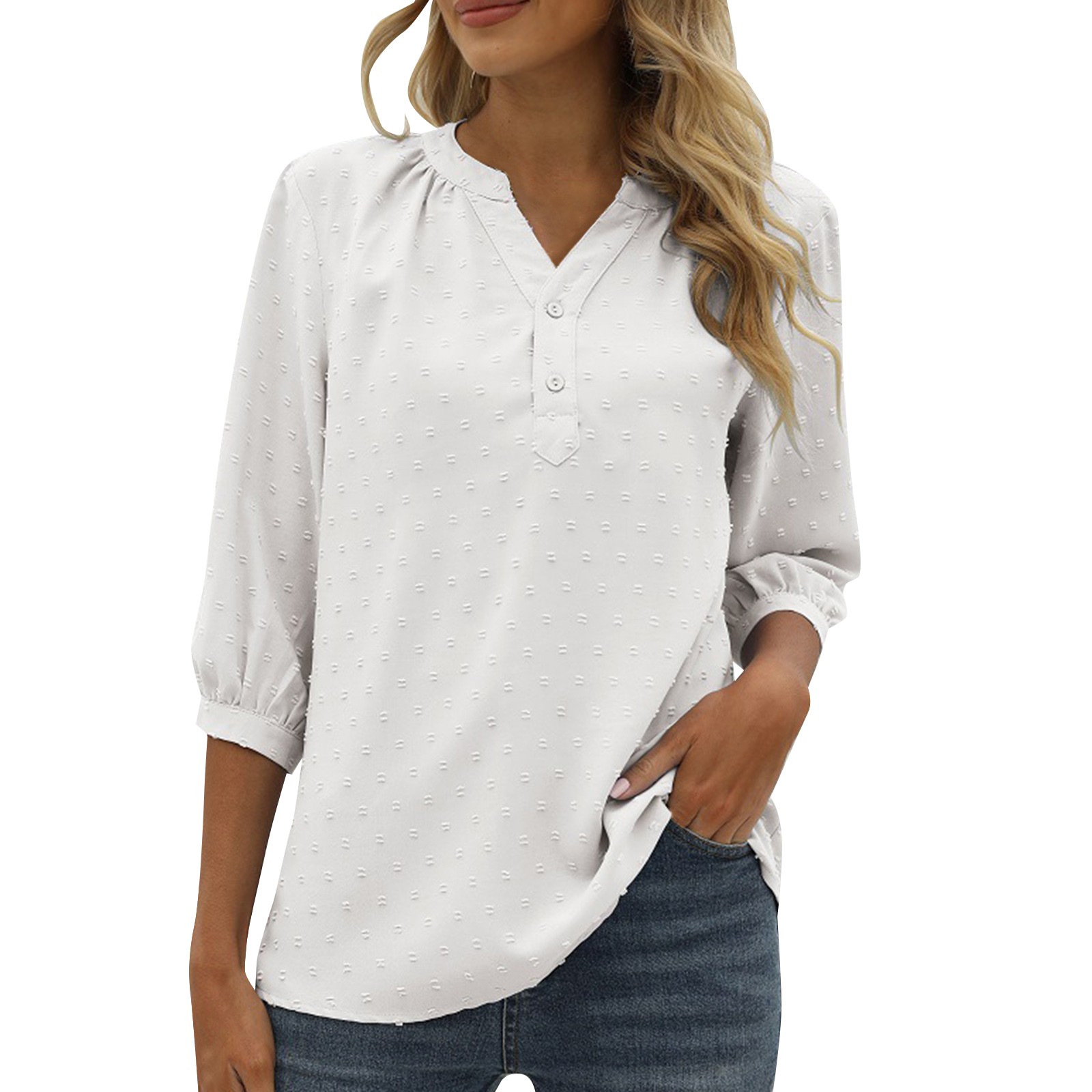 thumbnail image 1 of Blusa de verano con cuello en V y mangas 3/4 con lunares para mujer - Túnica con botones - Cintura fruncida favorecedora - Tallas S-XXL para uso informal/de oficina, 1 of 5